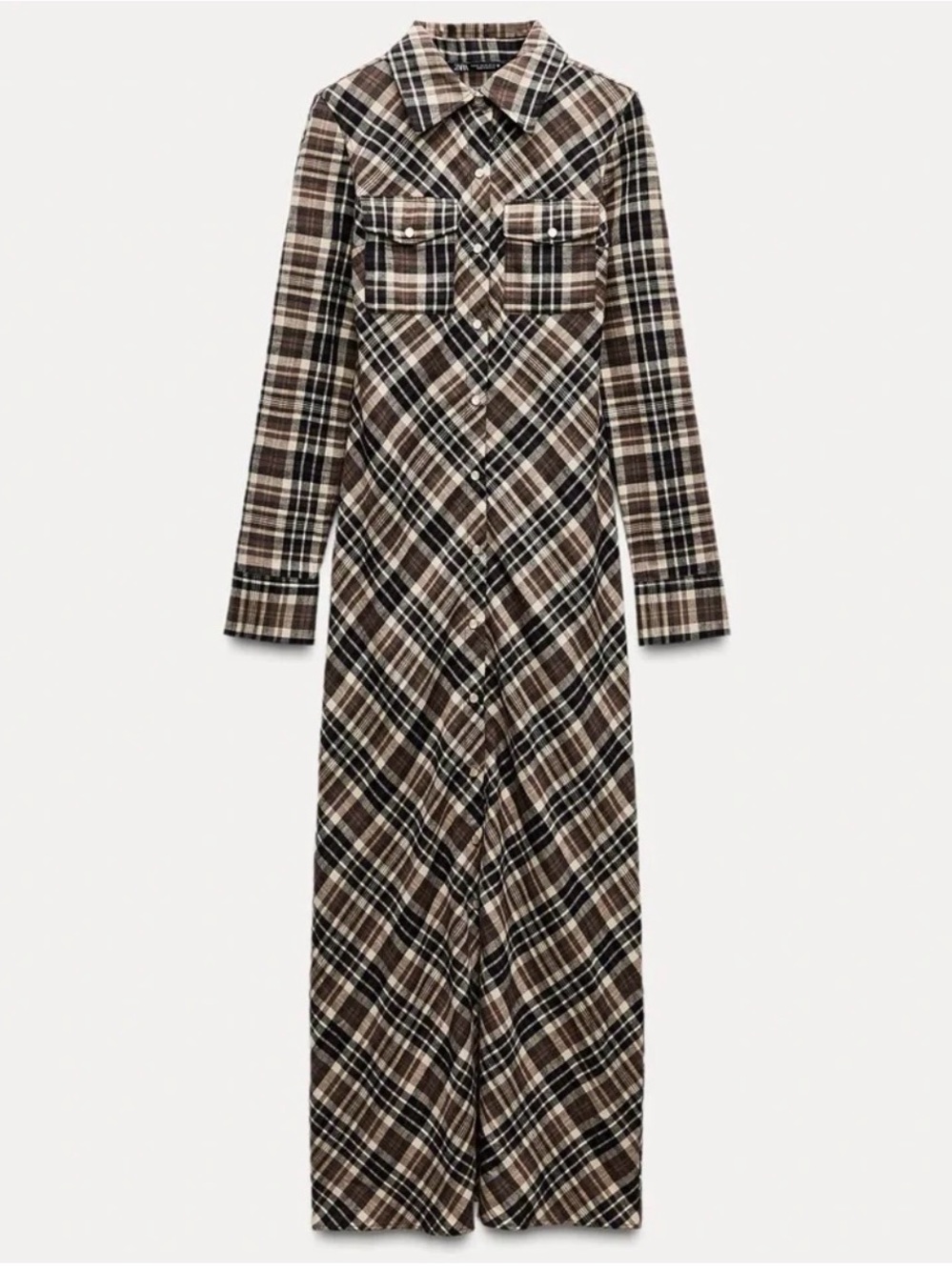 Zara Plaid Maxi Shirt Dress in Navy, Brown and Cream - Picture 2 of 3
